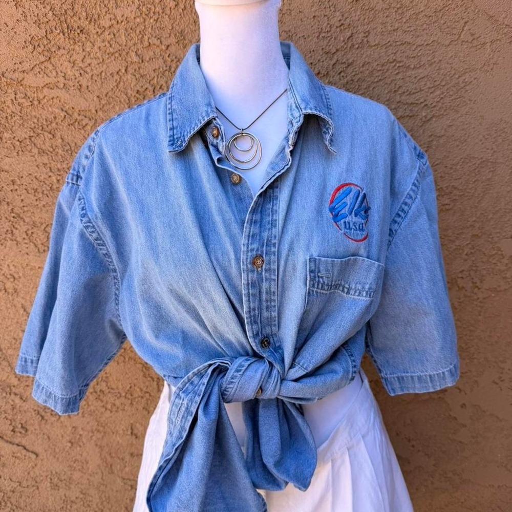 90s vintage elks blue denim button up shirt